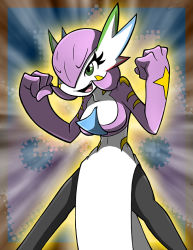 Rule 34 | 1girl, alternate color, alternate shiny pokemon, artist name, black pantyhose, bob cut, bodypaint, border, breasts, brown border, clenched hands, colored skin, creatures (company), emphasis lines, female focus, game freak, gardevoir, gen 3 pokemon, glowing, green eyes, hair over one eye, hands up, happy, kiro13, leaning forward, legs apart, medium breasts, multicolored skin, nintendo, one eye covered, open mouth, outline, pantyhose, pokemon, pokemon (creature), purple hair, purple skin, short hair, signature, smile, solo, standing, two-tone skin, v-shaped eyebrows, white skin, yellow outline