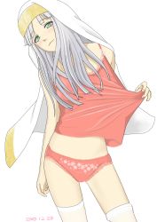 Rule 34 | 1girl, cape, green eyes, index (toaru majutsu no index), jungon, lingerie, long hair, aged up, panties, red panties, smile, solo, thighhighs, toaru majutsu no index, underwear, white hair, white thighhighs