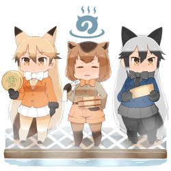 Rule 34 | 10s, 3girls, animal ears, bad id, bad pixiv id, bath, black gloves, black pantyhose, blonde hair, blush, bow, bowtie, brown hair, capriccyo, capybara (kemono friends), capybara ears, chibi, closed eyes, commentary request, ezo red fox (kemono friends), fox ears, fox tail, gloves, hair between eyes, highres, holding, holding towel, jacket, japari symbol, kemono friends, long hair, long sleeves, looking to the side, multicolored hair, multiple girls, open mouth, pantyhose, pleated skirt, short hair, shorts, silver fox (kemono friends), silver hair, skirt, smile, tail, towel