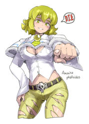 Rule 34 | 1girl, amanita phalloides, belt, blonde hair, breasts, capelet, cleavage, cowboy shot, cropped legs, denim, fur trim, grin, hand on own thigh, hand on thigh, jeans, large breasts, looking at viewer, midriff, mushroom, navel, original, oso-teki kinoko gijinka zukan, oso (toolate), pants, personification, pointing, pointing at viewer, shirt, short hair, skin tight, skull, smile, solo, tight clothes, tight pants, torn clothes, torn jeans, torn pants, white background, yellow eyes