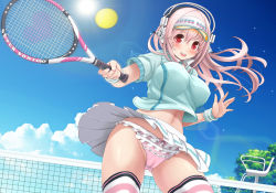 Rule 34 | 1girl, blush, bow, bow panties, breasts, cameltoe, clothes lift, cloud, day, frilled panties, frills, headphones, large breasts, lens flare, long hair, navel, nitroplus, panties, pink eyes, pink hair, pink panties, pink thighhighs, racket, resolution mismatch, shiny skin, shirt, skirt, skirt lift, sky, smile, source larger, sportswear, star (symbol), sun, super sonico, taut clothes, taut shirt, tennis net, tennis racket, tennis uniform, thighhighs, tree, underwear, upskirt, v-mag, visor cap, wind, wind lift
