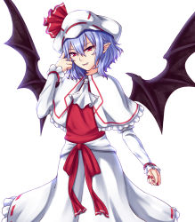 Rule 34 | 1girl, ascot, bat wings, blue hair, capelet, cowboy shot, curled fingers, dress, fangs, fangs out, frilled skirt, frills, hair between eyes, hand in own hair, hat, hat ribbon, head tilt, highres, layered dress, light smile, looking at viewer, nail polish, pointy ears, red nails, red ribbon, red vest, remilia scarlet, ribbon, short hair, simple background, skirt, solo, standing, touhou, vest, white ascot, white background, white capelet, white hat, white skirt, wings, zellam