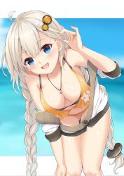 Rule 34 | 1girl, :d, bare shoulders, bent over, bikini, blue eyes, braid, breasts, cleavage, commentary request, earrings, hair ornament, hairpin, highres, jacket, jewelry, kizuna akari, long hair, looking at viewer, medium breasts, nail polish, navel, off shoulder, open clothes, open jacket, open mouth, shun (b.c), silver hair, smile, solo, star (symbol), star earrings, swimsuit, twin braids, twintails, very long hair, vocaloid, voiceroid, yellow nails