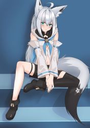 Rule 34 | 1girl, ahoge, animal ear fluff, animal ears, black footwear, black shorts, black thighhighs, blue neckerchief, blush, breasts, commentary request, detached sleeves, earrings, fox ears, fox girl, fox tail, green eyes, hair between eyes, highres, hololive, hood, hoodie, jewelry, long hair, looking at viewer, micon, midriff, navel, neckerchief, pout, shirakami fubuki, shirakami fubuki (1st costume), short shorts, shorts, sidelocks, single thighhigh, sitting, small breasts, solo, tail, thigh strap, thighhighs, virtual youtuber, white hair, white hoodie