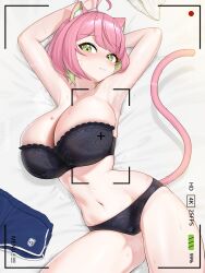 1girl absurdres ahoge animal_ear_fluff animal_ears armpits arms_behind_head battery_indicator black_bra black_panties blush bra breasts cat_ears cat_girl cat_tail colored_inner_animal_ears colored_inner_hair gamtoryy gamtoryy_(vtuber) green_eyes green_hair highres indie_virtual_youtuber lace lace-trimmed_bra lace_trim large_breasts looking_at_viewer lying multicolored_hair navel nose_blush on_back original panties pink_hair pink_tail recording short_hair shorts solo stomach strapless strapless_bra sweat tail underwear unworn_shorts viewfinder