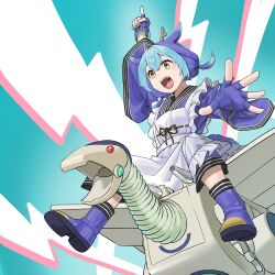 Rule 34 | 1girl, animal ears, appliancer laundry dragon, apron, blue footwear, blue gloves, blue hair, boots, commentary, dragon ears, dragon girl, dragon horns, duel monster, fingerless gloves, frilled apron, frills, gloves, horns, laundry dragonmaid, light blue hair, lightning background, looking ahead, lu 6 mie, maid, maid apron, mecha, non-humanoid robot, open mouth, pointing, pointing up, riding, robot, robot dragon, solo, wa maid, white apron, wide sleeves, yellow eyes, yu-gi-oh!