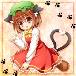 Rule 34 | 1girl, animal ears, brown eyes, brown hair, cat ears, cat tail, chen, earrings, fang, hat, heart, heart tail, jewelry, looking at viewer, multiple tails, open mouth, paw pose, ribbon, short hair, sitting, solo, tail, touhou, wariza, yosikazu0720