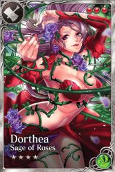 Rule 34 | 1girl, age of ishtaria, breasts, character name, character request, cleavage, earrings, flower, jewelry, large breasts, leaning forward, long hair, looking at viewer, nail polish, plant, purple eyes, purple hair, solo, vines