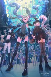 Rule 34 | 6+girls, anniversary, aqua hair, bikini, black hair, black rock shooter, black rock shooter (character), character name, detached sleeves, front-tie bikini top, front-tie top, glowing, glowing eye, green hair, hachune miku, halo, happy birthday, hatsune miku, highres, holding hands, jacket, kamippoina (vocaloid), korokoro daigorou, magical mirai (vocaloid), magical mirai miku, magical mirai miku (2019), magical mirai miku (2022), multiple girls, multiple persona, open clothes, open jacket, open mouth, pink hair, senbonzakura (vocaloid), shinkai shoujo (vocaloid), short shorts, shorts, skirt, smile, songover, swimsuit, thighhighs, twintails, vampire (vocaloid), vocaloid