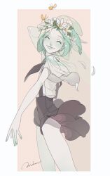 Rule 34 | 1other, ^ ^, androgynous, aqua hair, black shorts, bug, butterfly, closed eyes, colored skin, crystal hair, floating clothes, flower, framed, gem uniform (houseki no kuni), glint, hair flower, hair ornament, head wreath, highres, houseki no kuni, insect, lips, minmim, nail polish, necktie, other focus, outside border, parted bangs, petals, phosphophyllite, shirt, short hair, shorts, shorts lift, smile, solo, sparkle, standing, suspender shorts, suspenders, white shirt, white skin, wide sleeves, wind, wind lift