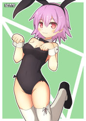 Rule 34 | 1girl, :3, alternate costume, animal ears, artist name, bare shoulders, black leotard, blush, bow, bowtie, breasts, cleavage, detached collar, fake animal ears, green background, highres, kantai collection, leotard, medium breasts, pepatiku, playboy bunny, purple hair, rabbit ears, red eyes, short hair, smile, solo, strapless, strapless leotard, tama (kancolle), thighhighs, twitter username, white thighhighs, wrist cuffs