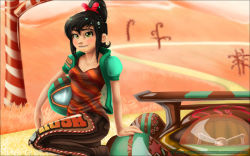 Rule 34 | 1girl, black hair, candy cane, disney, hair tie, height difference, helmet, jacket, logo, aged up, race car, race track, smile, solo, sugar rush, vanellope von schweetz, vyntresser, wreck-it ralph, yellow eyes