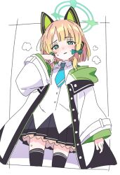 Rule 34 | 1girl, black skirt, blonde hair, blue archive, blue necktie, blush, bow, commentary request, green bow, green eyes, green halo, hair bow, halo, ixy, jacket, long sleeves, looking at viewer, midori (blue archive), necktie, shirt, short hair, simple background, skirt, solo, thighhighs, white background, white jacket, white shirt, zettai ryouiki