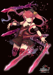 Rule 34 | 1girl, bare shoulders, black dress, breasts, choker, cleavage, darkness, dated, detached sleeves, dress, grand harem, hair ornament, long hair, looking at viewer, official art, outstretched arms, pokachu, puffy short sleeves, puffy sleeves, purple thighhighs, red eyes, red hair, red thighhighs, ribbon choker, short sleeves, simple background, small breasts, smile, solo, strapless, strapless dress, sword, thighhighs, twintails, very long hair, weapon, wrist cuffs, zettai ryouiki