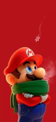 Rule 34 | 1boy, blue eyes, brown hair, christmas, facial hair, gloves, happy holidays, hat, highres, looking up, mario, mario (series), mustache, nintendo, official art, overalls, scarf, snowflakes, standing