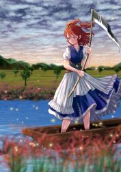 Rule 34 | 1girl, blue dress, blurry, blurry foreground, closed mouth, cloud, cloudy sky, coin, commentary request, dress, flower, full body, hair bobbles, hair ornament, highres, holding, holding scythe, kyabekko, light particles, obi, onozuka komachi, outdoors, red eyes, red hair, river, sash, scythe, short sleeves, sky, solo, spider lily, touhou, tree, two side up