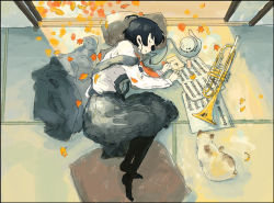 Rule 34 | 1girl, androgynous, autumn leaves, black hair, black pantyhose, booklet, cat, cd player, discman, earbuds, earphones, closed eyes, from above, ginkgo tree, indoors, instrument, lying, no shoes, on side, original, pantyhose, sanyama tarou, sheet music, short hair, solo, tatami, trumpet