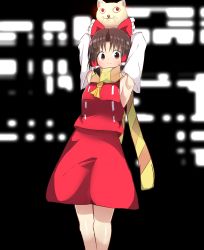 Rule 34 | 1girl, akabeco, armpits, benikurage (cookie), blush, bow, brown eyes, brown hair, brown scarf, cat, closed mouth, cookie (touhou), detached sleeves, hair bow, hair tubes, hakurei reimu, highres, looking at viewer, miura cat, red bow, scarf, short hair, smile, touhou