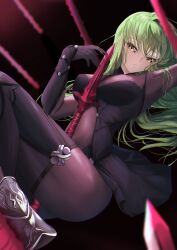 Rule 34 | 1girl, absurdres, bodysuit, breasts, budgiepon, c.c., code geass, commentary request, cosplay, fate/grand order, fate (series), green hair, highres, long hair, looking at viewer, looking to the side, medium breasts, parted lips, polearm, purple bodysuit, scathach (fate), scathach (fate) (cosplay), solo, spear, weapon, yellow eyes