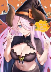Rule 34 | 1girl, bat ornament, black cape, blue eyes, blush, bra, breasts, butterfly brooch, cape, cleavage, draph, food-themed hair ornament, granblue fantasy, hair ornament, hair over one eye, halloween costume, hat, highres, hilda sakura, horns, lace, lace-trimmed bra, lace trim, large breasts, long hair, looking at viewer, narmaya (granblue fantasy), navel, open mouth, pointy ears, pumpkin hair ornament, purple hair, solo, underwear, witch hat