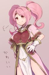 Rule 34 | 1girl, armor, blush, breastplate, circlet, fire emblem, fire emblem echoes: shadows of valentia, gloves, grey background, hetano yoko sukii, long hair, mae (fire emblem), nintendo, pink hair, red eyes, simple background, solo, twintails, upper body