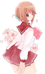 Rule 34 | 00s, 1girl, bad anatomy, blue eyes, blush, bow, bowtie, brown hair, cowboy shot, flower, folded ponytail, komaki manaka, long sleeves, petals, pleated skirt, red skirt, sailor collar, school uniform, shirt, simple background, skirt, solo, to heart (series), to heart 2, white background, white shirt