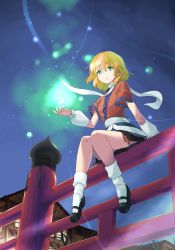 Rule 34 | 1girl, absurdres, arm warmers, black footwear, black shirt, black skirt, blonde hair, brown jacket, building, commentary request, full body, green eyes, highres, iwatobi hiro, jacket, mary janes, mizuhashi parsee, multicolored clothes, multicolored jacket, on railing, parted lips, pointy ears, railing, sash, scarf, shirt, shoes, short hair, sitting, skirt, socks, solo, touhou, white sash, white scarf, white socks