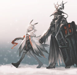 Rule 34 | 1boy, 1girl, :d, absurdres, animal ears, antlers, arknights, belt, black belt, black cloak, black footwear, black shorts, cloak, covered eyes, floating hair, frostnova (arknights), grey pantyhose, grey shirt, hair over eyes, height difference, highres, holding, holding hands, holding shield, horns, long hair, looking at another, mask, open mouth, pantyhose, patriot (arknights), rabbit ears, red eyes, shield, shirt, shoes, shorts, skull, smile, snow, snow234, snowing, walking, white cloak, white hair