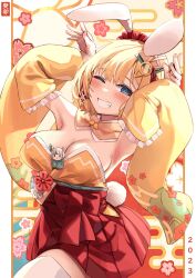 Rule 34 | 1girl, 2023, alternate costume, animal ears, blonde hair, blush, breasts, chinese zodiac, cleavage, cowboy shot, detached sleeves, egasumi, fake animal ears, fake tail, gawr gura, grin, hair ornament, highres, hololive, hololive english, japanese clothes, kimono, large breasts, looking at viewer, medium hair, nontraditional playboy bunny, one eye closed, rabbit ears, rabbit pose, rabbit tail, red skirt, sakuramon, skirt, smile, solo, tail, thighhighs, virtual youtuber, watson amelia, wei yu, wide sleeves, year of the rabbit, zettai ryouiki