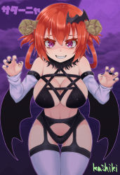 Rule 34 | 1girl, alternate costume, bad id, bad pixiv id, bare shoulders, bat hair ornament, breasts, claw pose, cleavage, commentary request, cowboy shot, demon girl, demon horns, demon wings, detached sleeves, gabriel dropout, garter belt, grin, hair ornament, horns, kurosawa (kurosawakyo), large breasts, leaning forward, looking at viewer, nail polish, navel, purple eyes, purple nails, red hair, revealing clothes, satanichia kurumizawa mcdowell, shaded face, smile, solo, thigh gap, wings