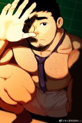 Rule 34 | 1boy, bara, belly, between pectorals, black hair, bulge, chest hair, facial hair, from above, goatee, hands up, highres, large pectorals, leg hair, light, looking at viewer, loose necktie, male focus, male underwear, muscular, muscular male, necktie, necktie between pectorals, nipples, original, pectorals, r.l (2089184064), shadow, short hair, sideburns, socks, solo, squatting, stomach, textless version, thick eyebrows, thick thighs, thighs, topless male, underwear, white male underwear