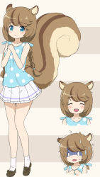 Rule 34 | 0 0, 1girl, :d, ^ ^, animal ears, beige background, blouse, blue eyes, blue shirt, blush, braid, brown background, brown footwear, closed eyes, closed mouth, hair tie, hands up, large tail, loafers, long hair, looking at viewer, low twintails, maplestory, multiple views, nekono rin, open mouth, own hands together, pleated skirt, polka dot, polka dot shirt, shirt, shoes, skirt, sleeveless, sleeveless shirt, smile, socks, squirrel ears, squirrel girl, squirrel tail, standing, striped, striped background, sweat, tail, trembling, turn pale, twin braids, twintails, wavy mouth, white legwear, white skirt