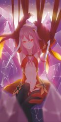Rule 34 | 10s, 1girl, bare shoulders, black thighhighs, breasts, center opening, cleavage, detached sleeves, elbow gloves, fingerless gloves, gloves, guilty crown, hair ornament, hairclip, long hair, looking at viewer, navel, open mouth, pink hair, red eyes, sangheon23, solo, thighhighs, twintails, xiangxian (sangheon23), yuzuriha inori