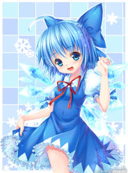 Rule 34 | 1girl, :d, ahoge, artist name, blue eyes, blue hair, cirno, dress, grandia bing, ice, ice wings, matching hair/eyes, open mouth, outline, ribbon, smile, solo, touhou, watermark, web address, wings