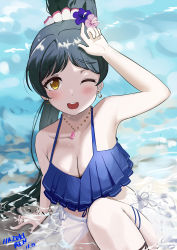 Rule 34 | 1girl, absurdres, bikini, birthday, black hair, blush, bracelet, breasts, character name, cleavage, collarbone, dated, earrings, english text, flower, hair flower, hair ornament, hazuki ren, high ponytail, highres, jewelry, long hair, looking at viewer, love live!, love live! superstar!!, medium breasts, necklace, one eye closed, pisagi, ponytail, smile, solo, swimsuit, water, yellow eyes
