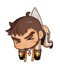 Rule 34 | &gt; &lt;, 1boy, ahoge, ass, baimeme, beard, blush, brown hair, chibi, clothes pull, cross, cross necklace, dungeon and fighter, facial hair, full body, highres, jewelry, male focus, male priest (dungeon and fighter), necklace, pants, pants pull, shirt grab, solo, thick eyebrows, white background
