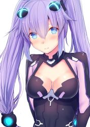 Rule 34 | 1girl, alternate hairstyle, arms behind back, blue eyes, blush, breasts, cleavage, cleavage cutout, clothing cutout, commentary request, daiaru, embarrassed, hair between eyes, hair ornament, highres, leotard, long hair, looking at viewer, medium breasts, neptune (series), power symbol, power symbol-shaped pupils, purple hair, purple heart (neptunia), simple background, solo, symbol-shaped pupils, twintails, very long hair, white background