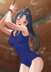 Rule 34 | 1girl, absurdres, armpits, black hair, blue one-piece swimsuit, blurry, bound, bound wrists, breasts, commentary request, commission, covered navel, cowboy shot, depth of field, hattori shizuka, highres, kuroniko, long hair, looking at viewer, medium breasts, one-piece swimsuit, red eyes, school uniform, skeb commission, solo, strike witches, swimsuit, world witches series