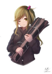 Rule 34 | 1girl, black jacket, blush, closed mouth, commentary request, cropped torso, fang, fang out, firewood, green eyes, green hair, hair bobbles, hair ornament, head tilt, highres, hood, hood down, hooded jacket, inuyama aoi, jacket, long hair, long sleeves, hugging object, one eye closed, shimmer, signature, skin fang, solo, thick eyebrows, upper body, yurucamp
