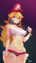 Rule 34 | 1girl, bare shoulders, big hair, blonde hair, blue eyes, bracelet, breasts, cosplay, covered erect nipples, cowboy shot, curvy, denim, denim shorts, doxy, earrings, final fight, groin, hat, jewelry, light smile, lips, long hair, lowleg, lowleg shorts, mario (series), nail polish, navel, nintendo, poison (final fight), poison (final fight) (cosplay), princess peach, puffy nipples, red shorts, riding crop, short shorts, shorts, solo, standing, street fighter, thick thighs, thighs, wide hips