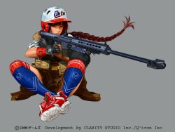 Rule 34 | 1girl, aiming, anti-materiel rifle, barrett m82, baseball helmet, braid, brown eyes, brown hair, clothes around waist, copyright name, fingerless gloves, gloves, grey background, gun, helmet, high tops, jacket, jacket around waist, knee pads, long hair, ponytail, pouch, rare engine, rifle, shoes, shooting girl, shoulder pads, simple background, single braid, sitting, sleeves rolled up, sneakers, sniper rifle, solo, thighhighs, watch, weapon, wristwatch