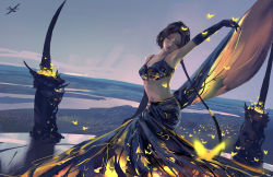 Rule 34 | 1girl, arm up, ass, bad id, bad pixiv id, bikini, bikini top only, black eyes, black hair, bug, butterfly, butterfly on hand, dancing, dutch angle, earrings, ghostblade, gloves, half-closed eyes, head tilt, highres, insect, jewelry, long hair, long skirt, midriff, navel, night, night sky, original, outdoors, parted bangs, river, sketch, skirt, sky, sleeveless, solo, swimsuit, very long hair, wlop