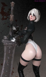 Rule 34 | 1girl, 3d, absurdres, ass, back, black gloves, blue eyes, female focus, giant sword, gloves, hairband, highres, hip focus, holding, holding weapon, huge ass, legs, leotard, looking back, nier (series), nier:automata, short hair, smile, solo, sword, the majestic, thick thighs, thighs, weapon, white hair, wide hips, 2b (nier:automata)