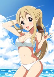 Rule 34 | 1girl, :o, air 0497, arm behind head, arm up, bare arms, bikini, blonde hair, blue eyes, blue sky, blush, breasts, chocolate, cloud, collarbone, contrail, cowboy shot, day, eyebrows, food, head tilt, highres, holding, ice cream, k-on!, kotobuki tsumugi, long hair, looking at viewer, medium breasts, navel, ocean, one side up, open mouth, ponytail, popsicle, round teeth, side ponytail, sidelocks, sky, smile, solo, standing, swimsuit, teeth, thick eyebrows, water, white bikini