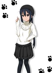 Rule 34 | 1girl, beanie, black hair, brown eyes, frills, hat, k-on!, long hair, nakano azusa, oku no shi, pantyhose, pointing, pointing up, solo, twintails