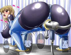 Rule 34 | 1girl, all fours, ass, bdsm, bent over, black bodysuit, blue leotard, bodysuit, bondage, bound, breasts, censored, covered anus, covered areolae, covered erect nipples, covered navel, dildo, dildo gun, english text, gloves, hajime shindo, highres, huge ass, konami, large breasts, latex, latex bodysuit, latex gloves, latex legwear, latex leotard, leotard, lips, makeup, nervous, object insertion, pink lips, pussy, sex toy, speculum, sweat, tagme, tenjouin asuka, thick thighs, thighhighs, thighs, vaginal, vaginal object insertion, yu-gi-oh!, yu-gi-oh! gx
