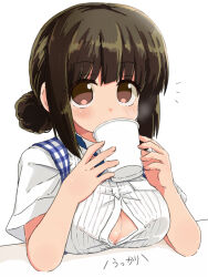 Rule 34 | 1girl, breast rest, breasts, brown eyes, brown hair, bursting breasts, button gap, commentary request, cup, disposable cup, drinking, hair bun, holding, holding cup, kobeya, kobeya uniform, large breasts, naitou kouse, original, single hair bun, solo, steam, translation request, upper body
