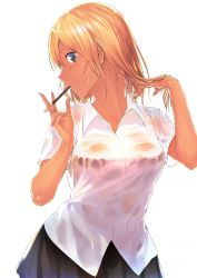Rule 34 | 1girl, bad id, bad twitter id, black skirt, blonde hair, blush, closed mouth, cowboy shot, dress shirt, eating, food in mouth, grey background, gyaru, hair between eyes, hand in own hair, hands up, highres, kogal, mole, mole under eye, original, pleated skirt, profile, ryokucha (i cobalt), school uniform, see-through, shirt, short sleeves, simple background, skirt, solo, tan, wet, wet clothes, white background, white shirt