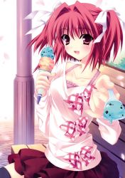 Rule 34 | 1girl, :d, absurdres, bench, black thighhighs, collarbone, copyright name, feeding, food, hair ribbon, highres, ice cream, ice cream cone, open mouth, r g b, red eyes, red hair, ribbon, shiki asahi, short hair, sitting, smile, solo, suzuhira hiro, thighhighs, twintails
