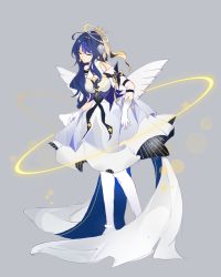 Rule 34 | 1girl, arknights, astesia (arknights), blue hair, breasts, dress, closed eyes, full body, gloves, grey background, hair between eyes, hair ornament, halo, highres, long hair, pantyhose, shen jiu, simple background, small breasts, solo, sparkle, standing, very long hair, white dress, white gloves, white pantyhose
